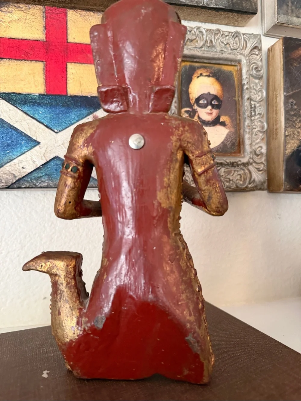 Vintage Southeast Asian Temple Guardian Statue Hand Painted‎ Gilt Wood Figure